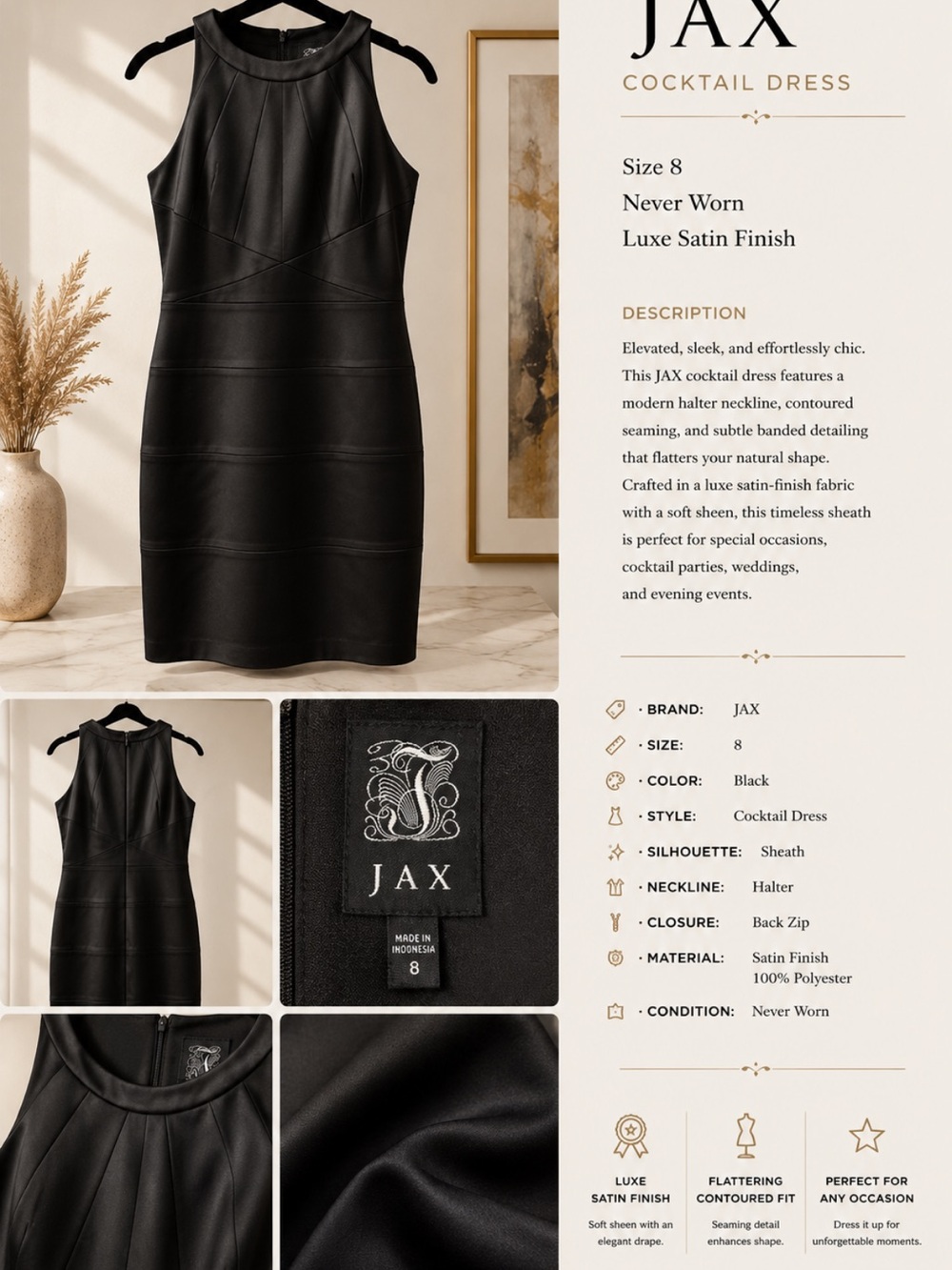 Jax Black Satin Halter Midi Sheath Dress